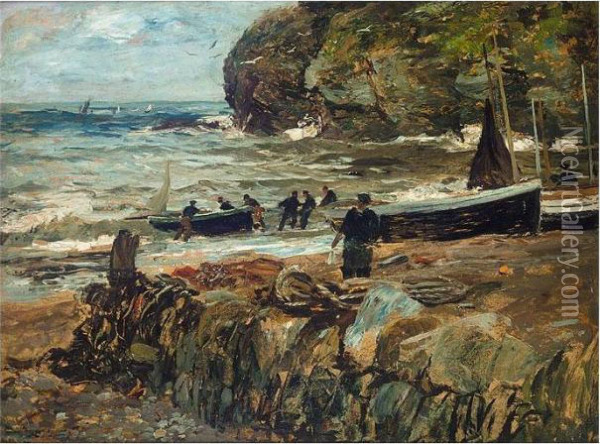 Hauling In The Boats Oil Painting - John Robertson Reid