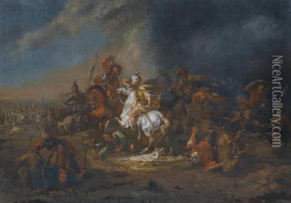 A Pair Of Cavalry Skirmishes Between Turks And Christians Oil Painting - August Querfurt