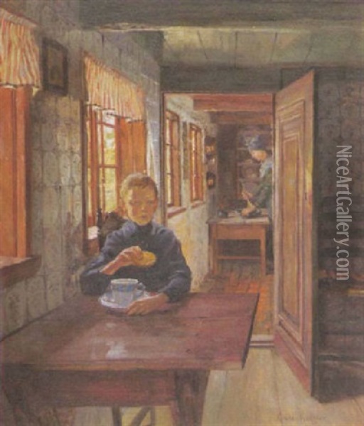 Knabe Am Fruhstuckstisch (hausinterieur Am Alten Strom In Rostock, Warnemunde) Oil Painting - Heinrich Linde-Walther