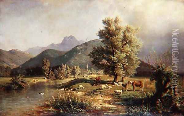 Mountainous Wooded Landscape with Horses and Sheep Oil Painting - Carl Jutz
