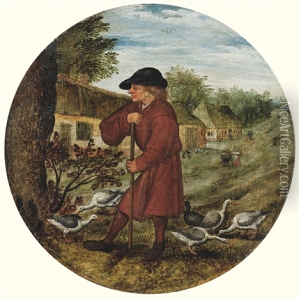 The Goose Herder, Or Who Knows Why The Geese Go Barefoot? Oil Painting - Pieter Brueghel the Younger
