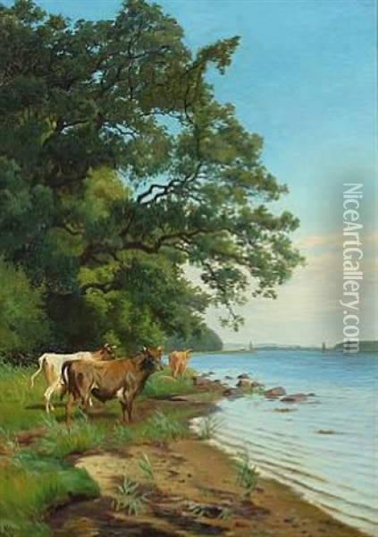 Landscape With Cows Standing By A Lake Oil Painting - Adolf Heinrich Mackeprang