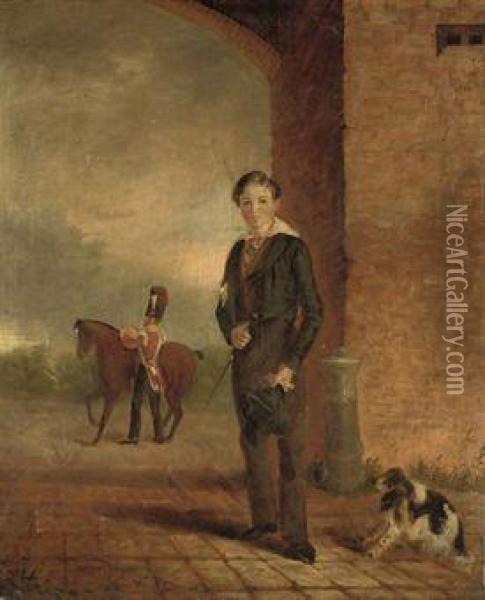 Portrait Of George Dean-pitt (1823-1883), Standing Small Full Length In An Archway, With His Spaniel, A Grenadier Guard Preparing His Horse Beyond Oil Painting - Thomas Bunbury