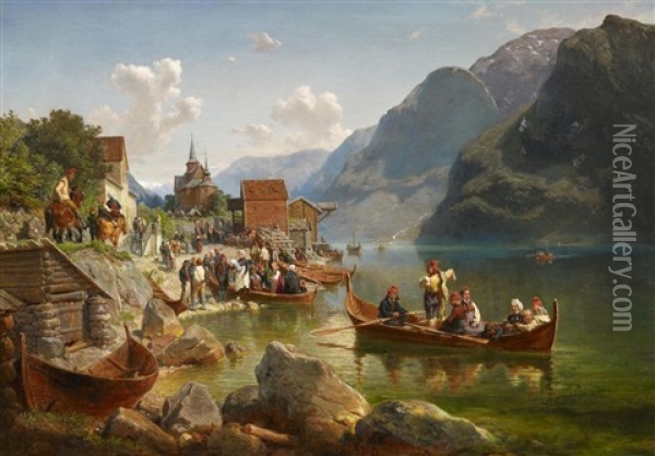 Taufgesellschaft Am Belebten Fjord Oil Painting - Hermann Kauffmann the Elder