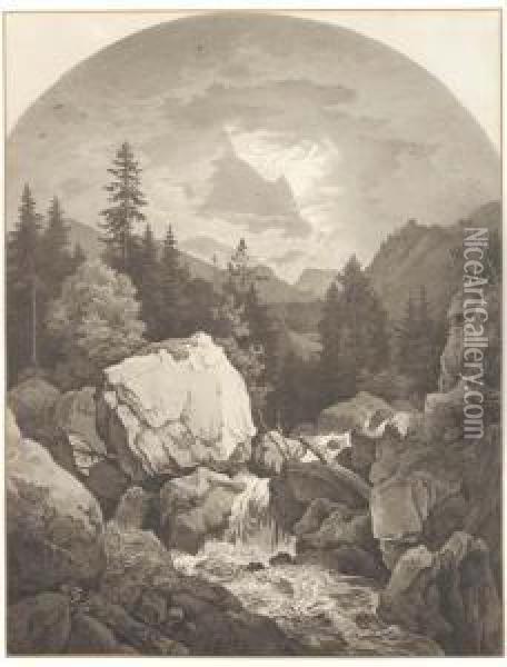 An Extensive Rocky Landscape With A Waterfall, Mountains Seenthrough Clouds Beyond Oil Painting - Adrian Ludwig Richter