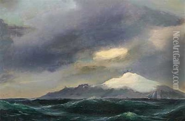 Skibe I Oprort So Ud For En Snedaekket Klippekyst Oil Painting - Vilhelm Melbye