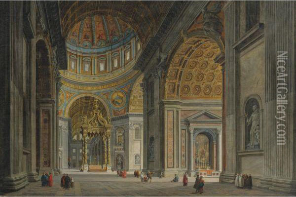 View Of The Interior Of Saint Peter's Basilica, Rome Oil Painting - Louis Faure