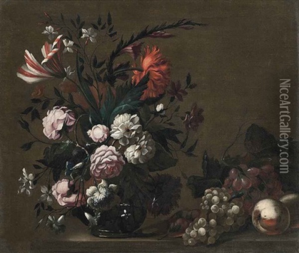 Roses, A Parrot Tulip, Chrysanthemums And Other Flowers In A Glass Vase, With Grapes And Peaches On A Stone Ledge Oil Painting - Jakob Bogdani