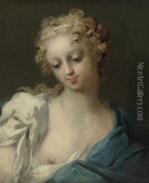 Sketch Of A Lady En Deshabille In A White Chemise And Bluewrap Oil Painting - Giovanni Antonio Pellegrini