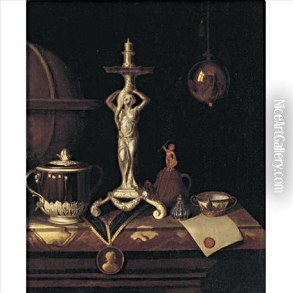 Still Life With A Candlestick, A Charles Ii Caudle Cup And Cover, A Two Handled Spout Cup, A Globe And A Document With A Wax Seal All Resting On A Table Oil Painting - Pieter Gerritsz van Roestraten
