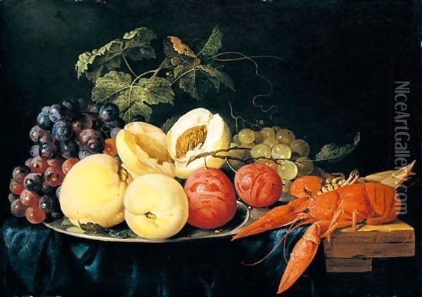 Still life of peaches, plums and black and green grapes on a silver plate Oil Painting - Jan Davidsz. De Heem
