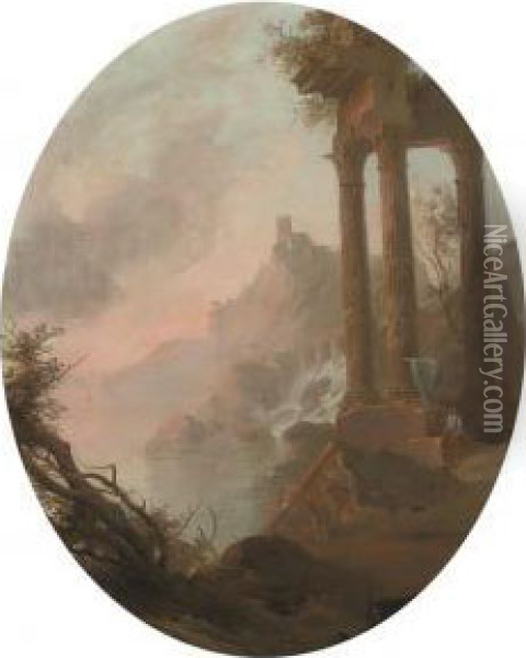 A Rocky River Landscape With Figures Beneath A Classical Ruin Oil Painting - Pierre-Antoine Patel