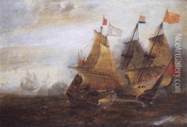 A Naval Engagement Between Spanish And Dutch Ships Oil Painting - Andries Van Eertvelt