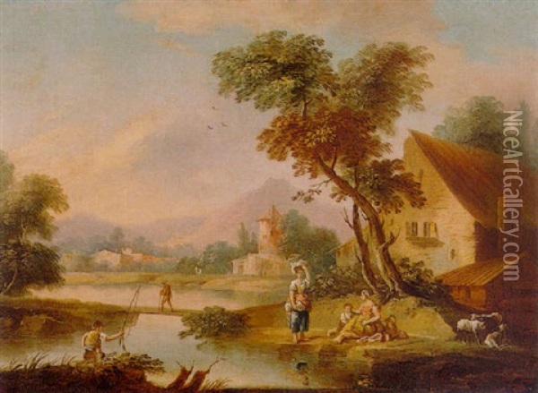 A River Landscape With An Angler And Washerwomen On The Banks Of A River Oil Painting - Vittorio Amadeo Cignaroli