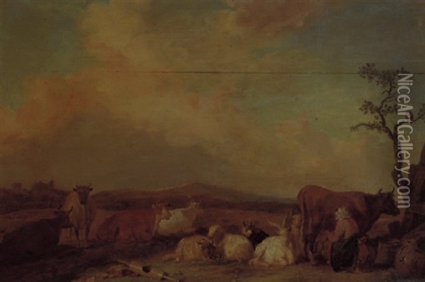 A Milkmaid Milking A Cow With Other Livestock Resting In A Meadow, Hills Beyond Oil Painting - Franz (Francois) Ryckhals