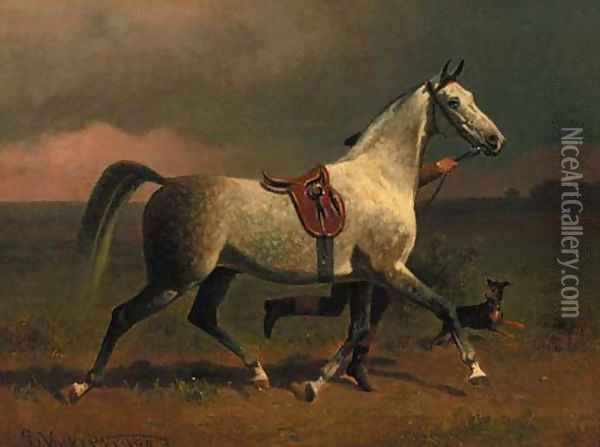 A dappled grey hunter trotting with a groom in a landscape Oil Painting - Emil Volkers