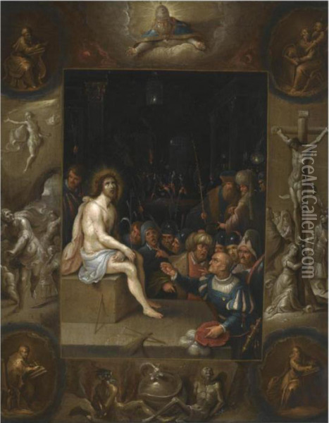 The Mocking Of Christ, In An En 
Grisaille Surround With Scenes From The Life Of Christ And The Four 
Evangelists Oil Painting - Frans II Francken
