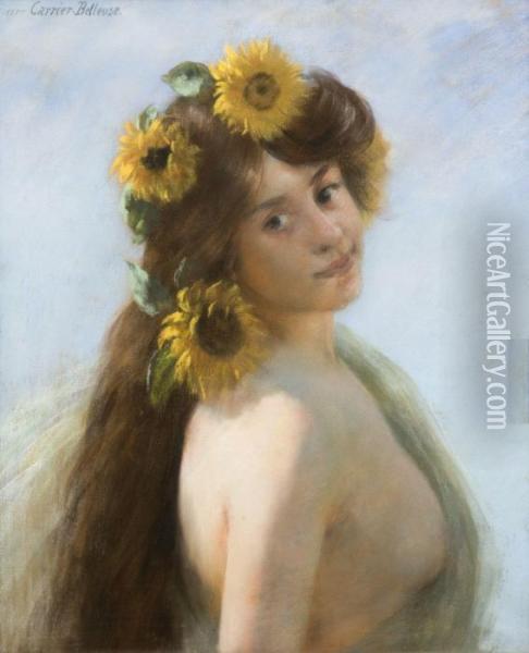 Femme Aux Tournesols Oil Painting - Pierre Carrier-Belleuse