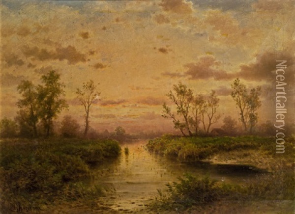 Flusslandschaft Im Abendlicht Oil Painting - Albert Rieger