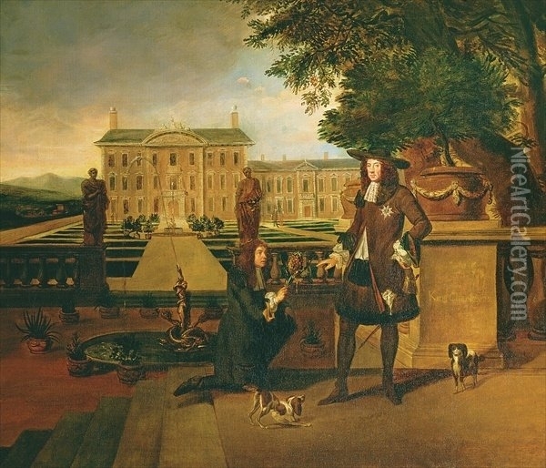 John Rose the Kings Gardener presenting Charles II 1630-85 with a pineapple Oil Painting - Hendrick Danckerts