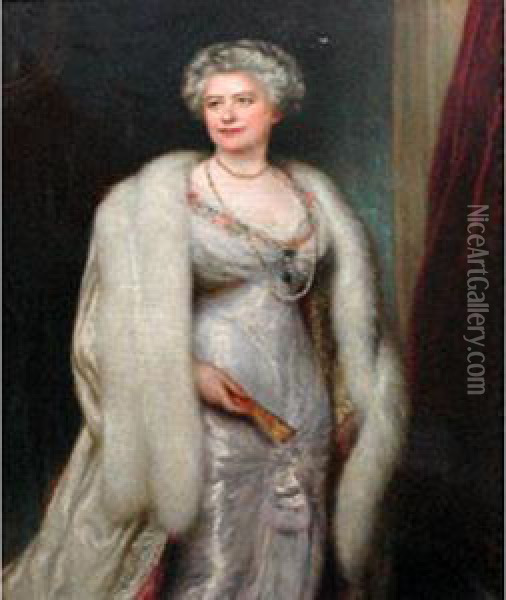 Portrait Of A Lady Wearing Pearls And A Fur Wrap Oil Painting - Ury Muller