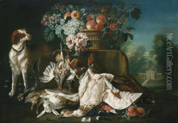 A Still Life In A Formal Garden 
Setting With Fruit Spilling Out Of A Basket Set On A Stone Ledge, A 
Spaniel And Dead Game On The Ground Beneath Oil Painting - Pieter III Casteels