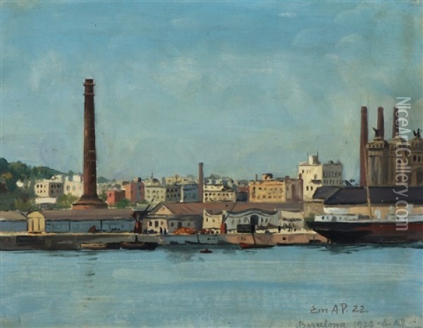 Harbour Scene From Barcelona Oil Painting - Emanuel A. Petersen