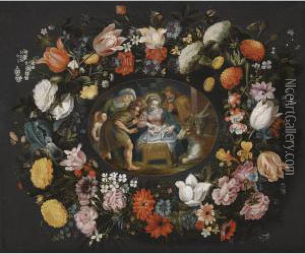 Adoration Of The Shepherds Surrounded By A Garland Of Flowers Oil Painting - Andries Snellinck