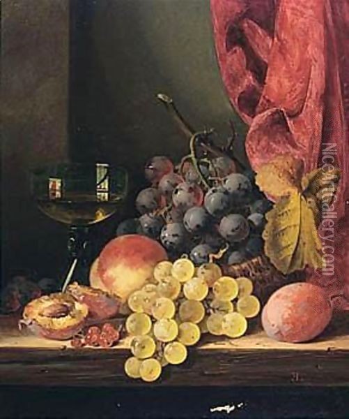 Still Life With Grapes, Peaches And A Glass Oil Painting - Edward Ladell