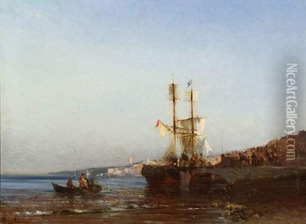 Pecheurs Ramenant Leurs Filets Dans Un Port Mediterraneen. Oil Painting - Andre Maglione