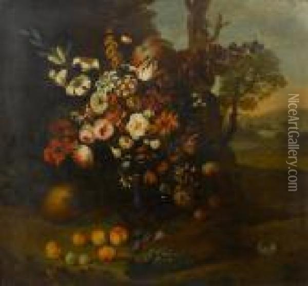 Roses, Peonies, Tulips, White 
Lilies In Aglass Vase With Peaches, Grapes, Plums, A Melon, A Pumpkin 
And Abird's Nest In A Landscape Oil Painting - Johann Martin Metz
