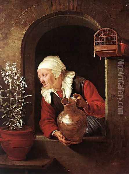 Old Woman Watering Flowers Oil Painting - Gerrit Dou