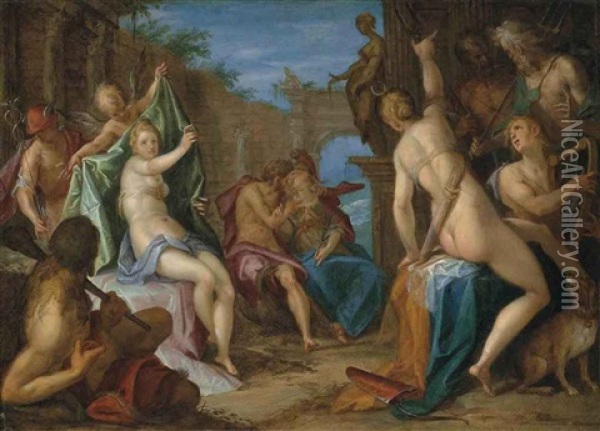 An Assembly Of The Gods, With Jupiter Embracing Minerva, Venus Confronting Diana Observed By Hercules, Mercury, Cupid And Apollo, And Neptune And Hades... Oil Painting - Hans Von Aachen