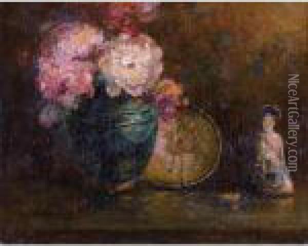 Still Life With Flowers And Asian Statue Oil Painting - Paul King