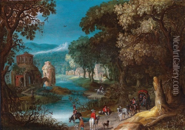A River Landscape With A Horse-drawn Cart And Travelers On A Path Oil Painting - Anton Mirou