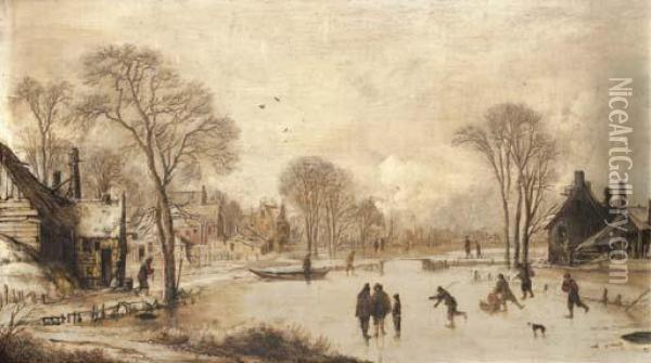 Skaters On A Frozen Canal By A Village Oil Painting - Aert van der Neer