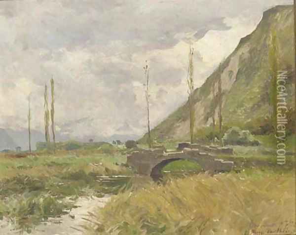 A river landscape with a stone bridge and hills beyond Oil Painting - Pierre Vauthier