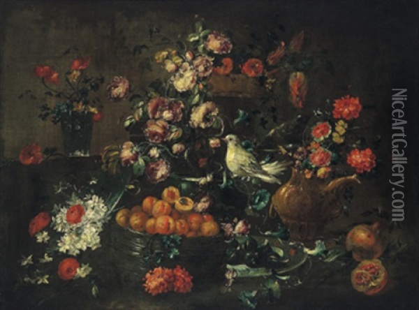 Composizione Di Fiori Con Un'uccello: Komposition Von Blumen Mit Einem Vogel Oil Painting -  Pseudo Guardi