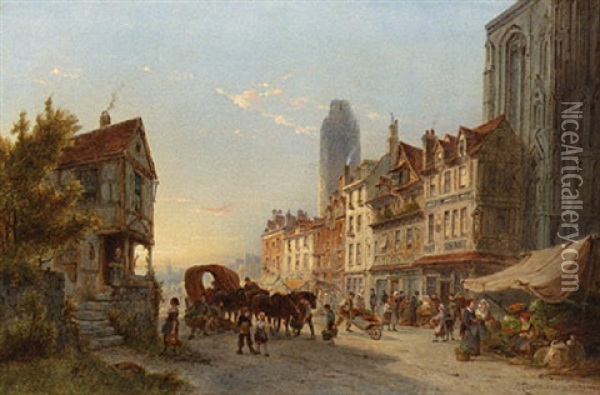 A Busy Street, Rouen, France Oil Painting - Pieter Cornelis Dommershuijzen