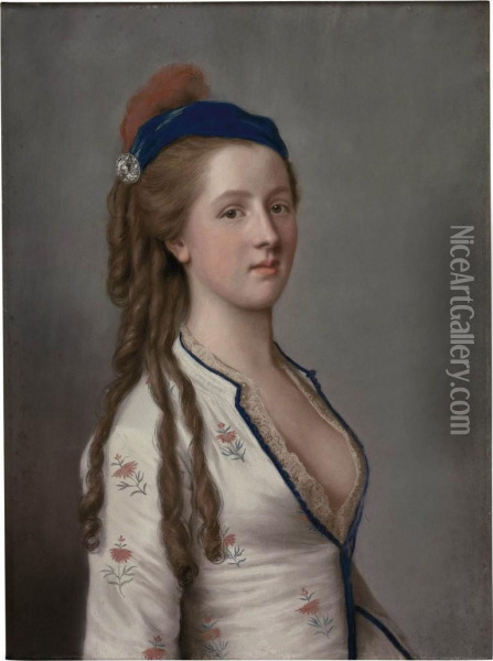 Portrait Of Lady Ann Somerset, Countess Of Northampton, Half-length, Wearing A Floral Dress With A Lace Shirt And A Blue Hat With A Red Feather Oil Painting - Etienne Liotard