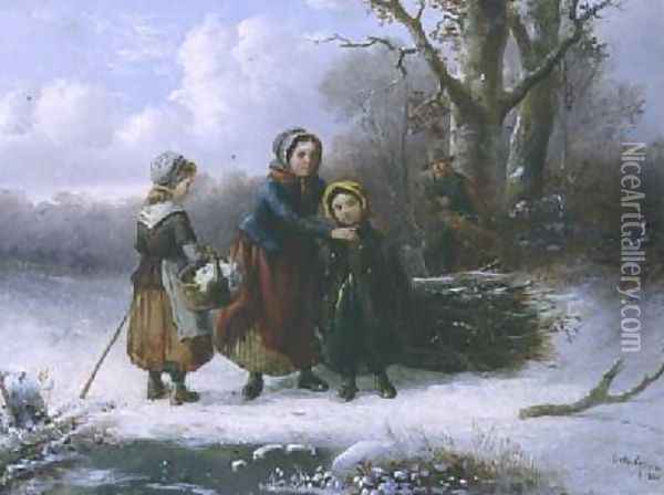 Three Girls in a Winter Landscape Oil Painting - Alexis de Leeuw