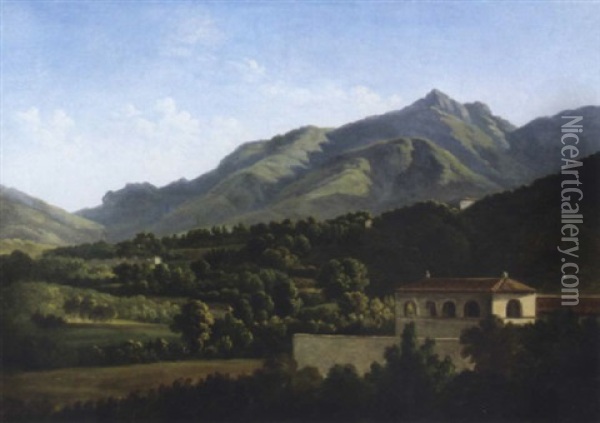 Italianate Landscape With A Villa In The Foreground And Mountains Beyond Oil Painting - Jean Joseph Xavier Bidault