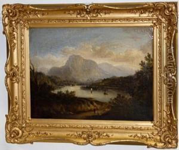 Mountainous Lake Scene, With Figures On A Track To The Foreground Oil Painting - Patrick, Peter Nasmyth