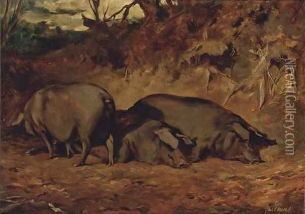 Pigs in a wood Oil Painting - John Emms