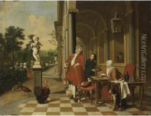 An Elegant Man Smoking A Pipe 
With An Elegant Lady Embroidering In A Classical Archway, Together With A
 Servant Offering Fruits, A Merry Company In A Formal Garden To The 
Background Oil Painting - Peter Jacob Horemans