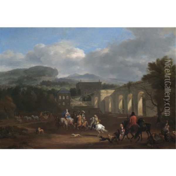 A Landscape With A Hunting Party In The Foreground Oil Painting - Jan van Huchtenburg