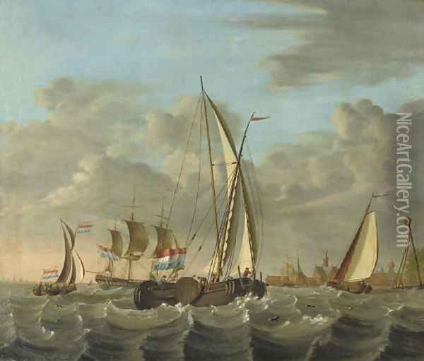 Shipping on choppy waters near the coast with a village beyond Oil Painting - Nicolaas Baur