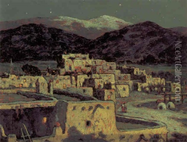 Taos Pueblo, Moonlight And Snow Oil Painting - Eanger Irving Couse