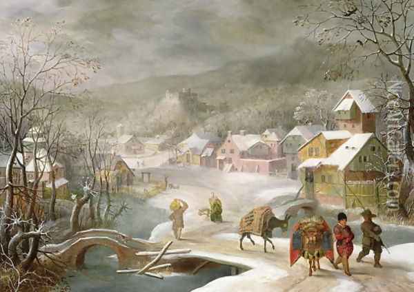 A Winter Landscape with Travellers on a Path Oil Painting - Denys Van Alsloot