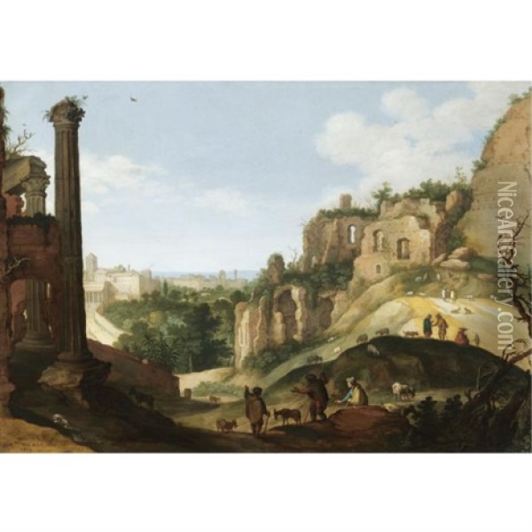 A Southern Landscape With Ruins, Possibly A Capriccio View Of Rome Oil Painting - Willem van Nieulandt the Younger